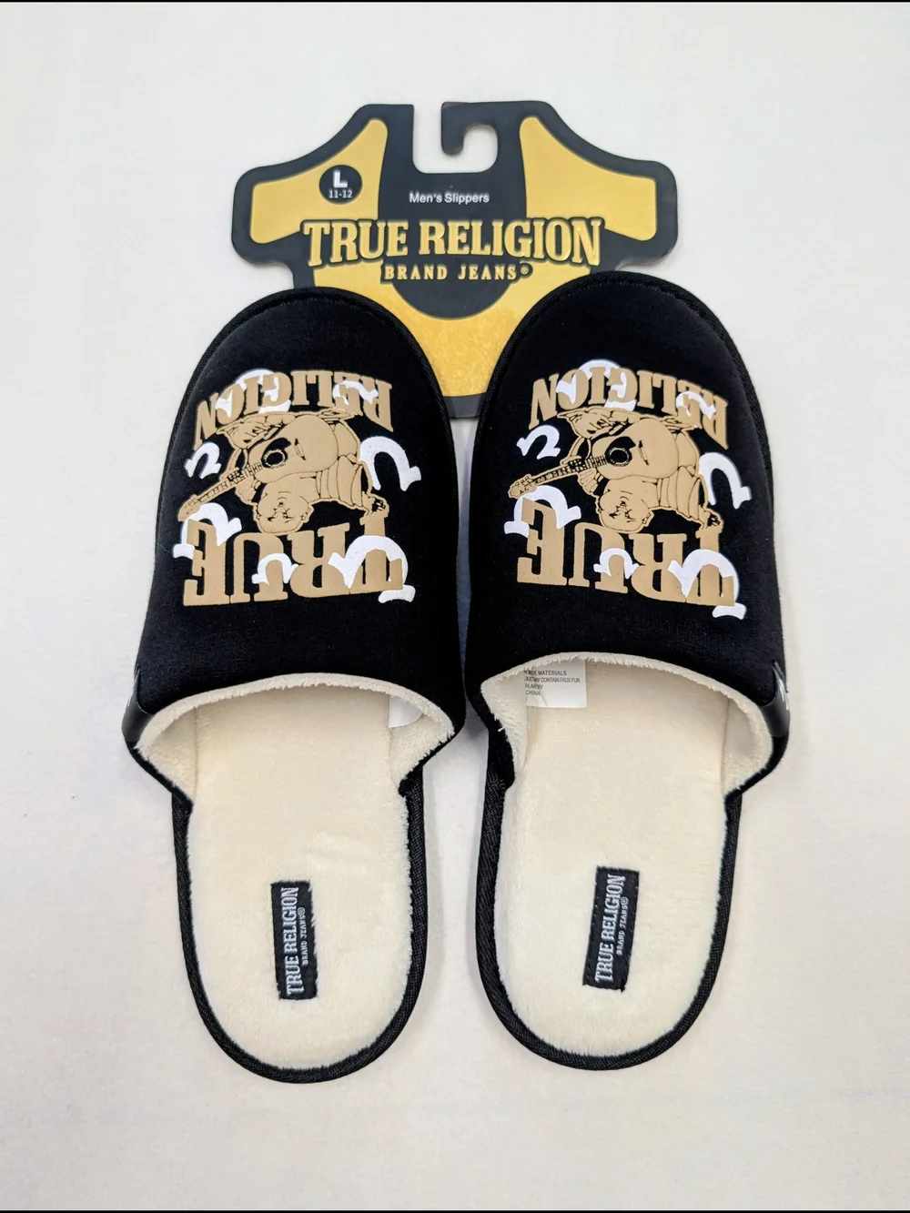 True Religion Men's Black Logo Slippers White Plush Lining NWT Size 11-12